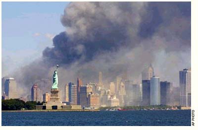 AP Photo: New York City skyline after the World Trade Center towers collapsed, September 11, 2001